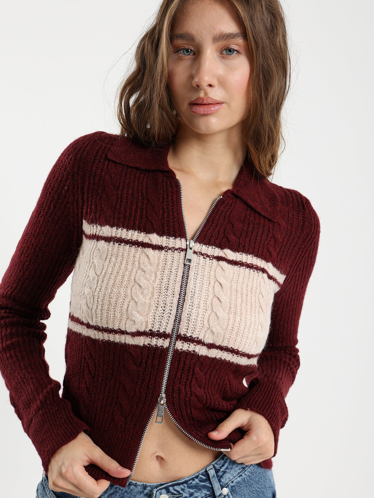 Color Block Cable Knit Cardigan