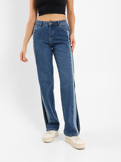 Mid-Rise Straight Fit Jeans with Side Stripe