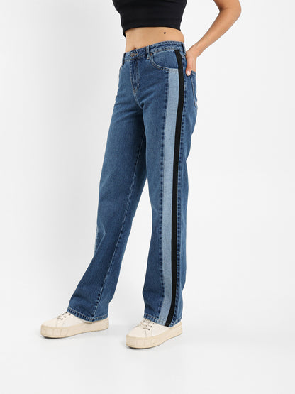 Mid-Rise Straight Fit Jeans with Side Stripe