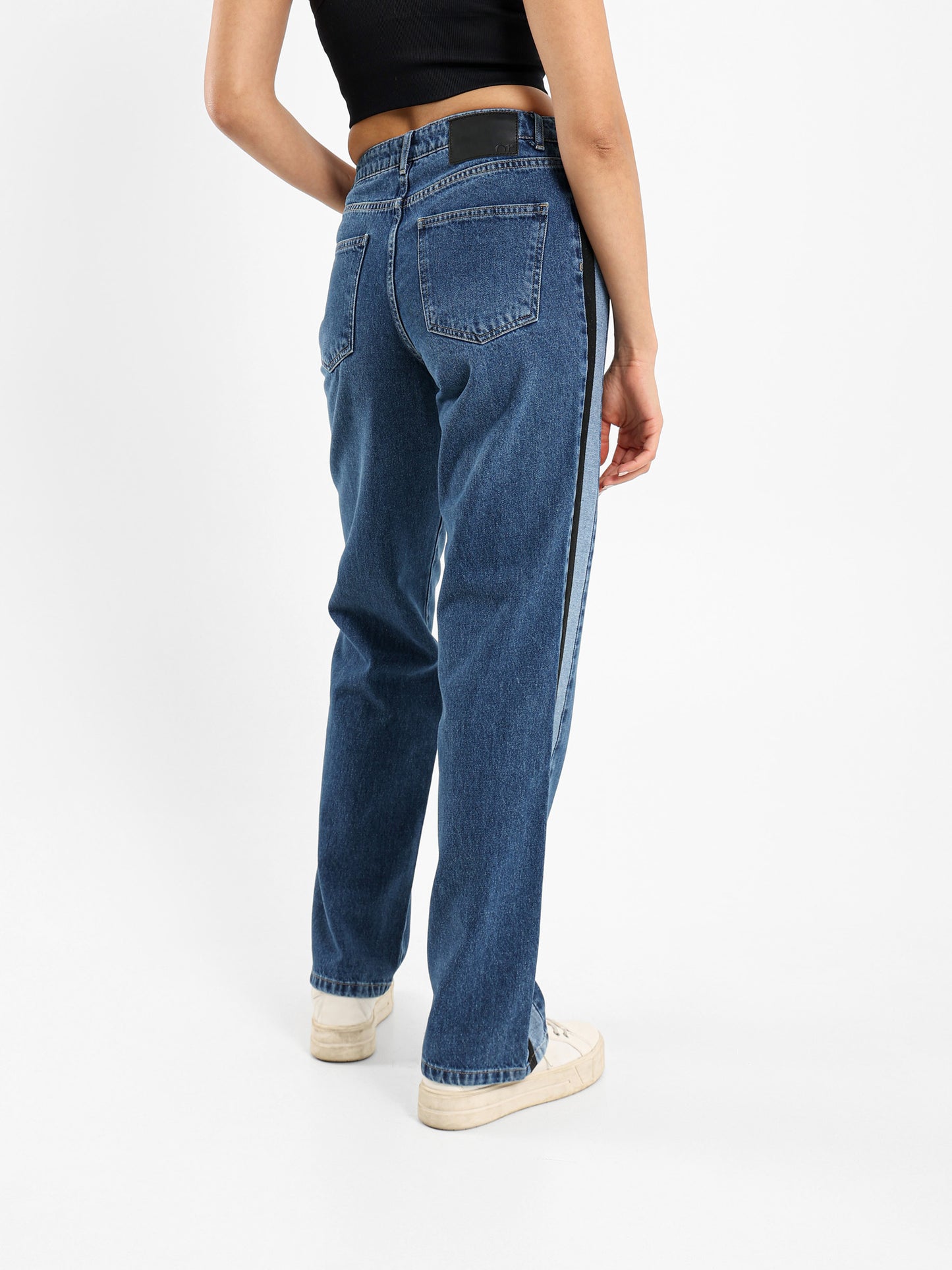Mid-Rise Straight Fit Jeans with Side Stripe