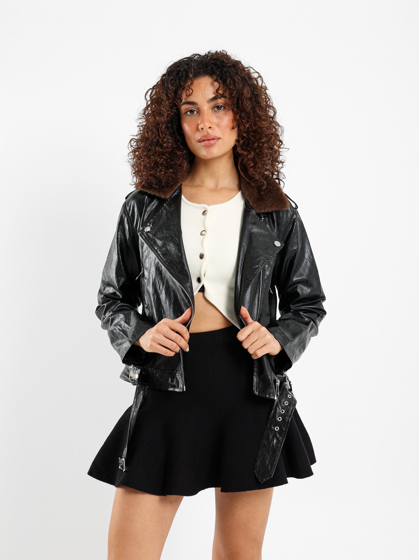 Washed Biker Jacket with Fur Collar Insert