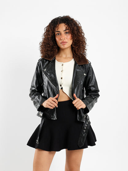 Washed Biker Jacket with Fur Collar Insert