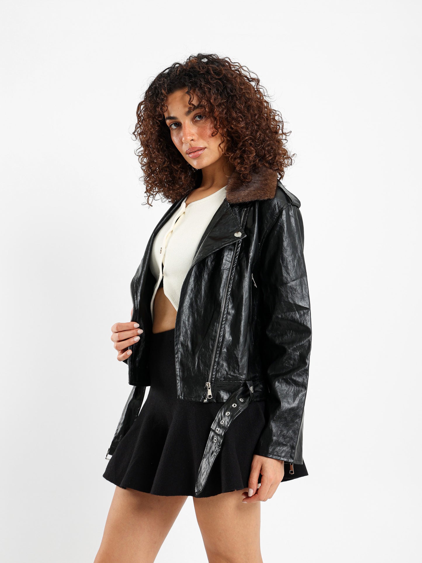 Washed Biker Jacket with Fur Collar Insert