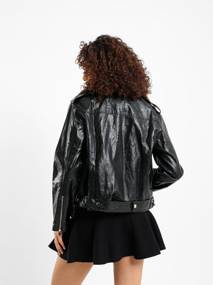 Washed Biker Jacket with Fur Collar Insert