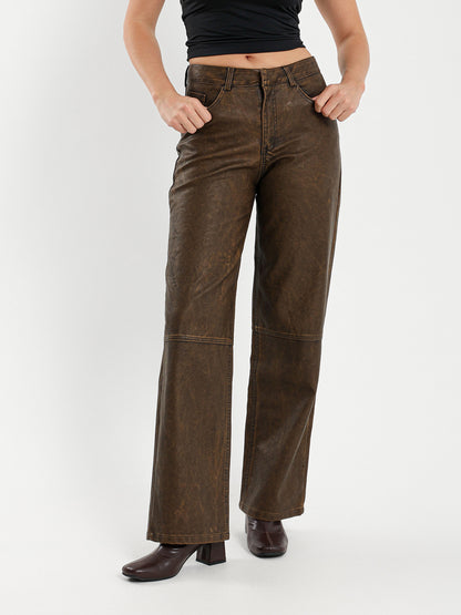 Washed Leather Low Waist Pants