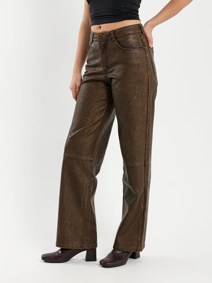 Washed Leather Low Waist Pants