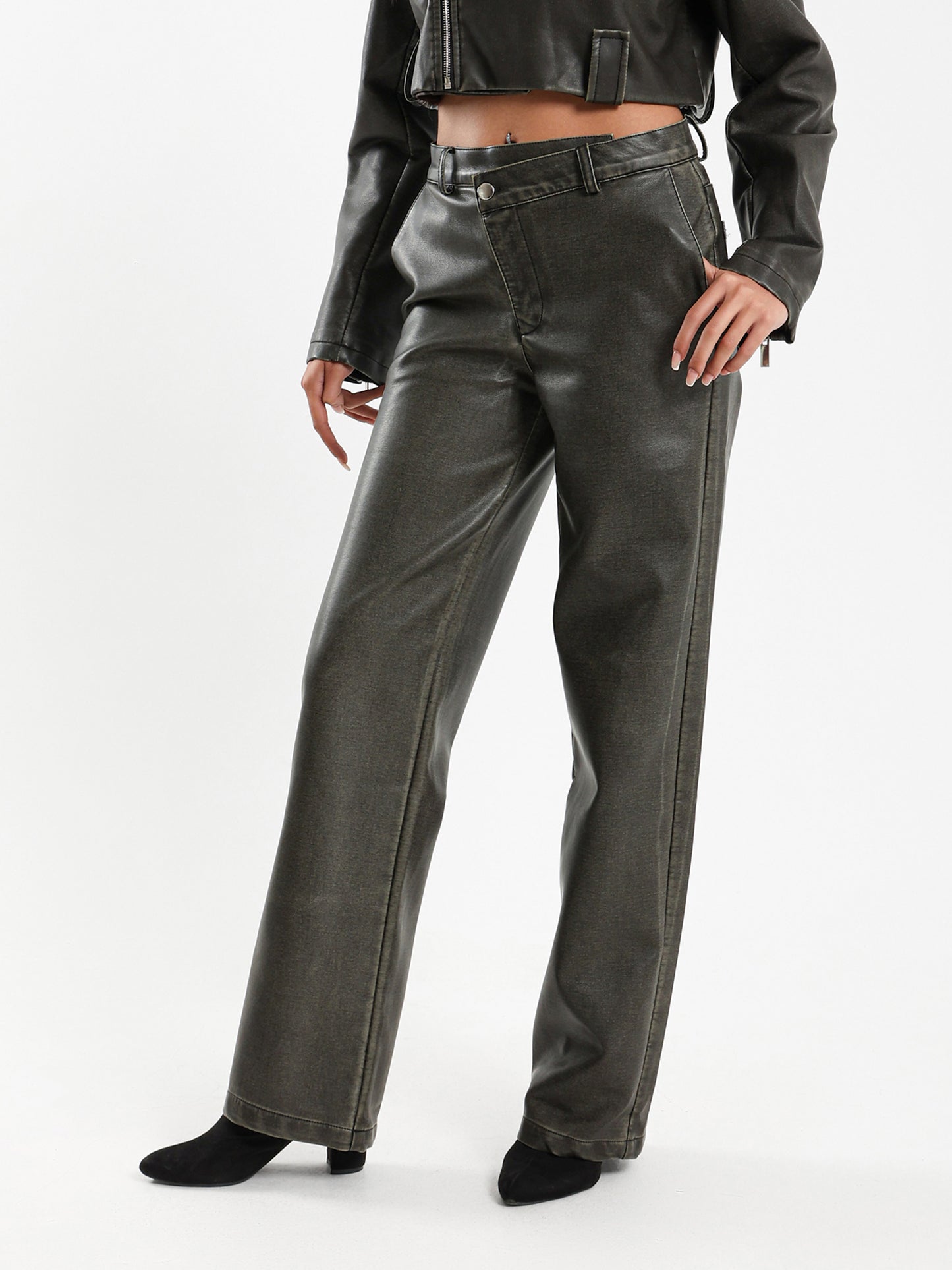 Asymmetrical Waist Washed Leather Pants