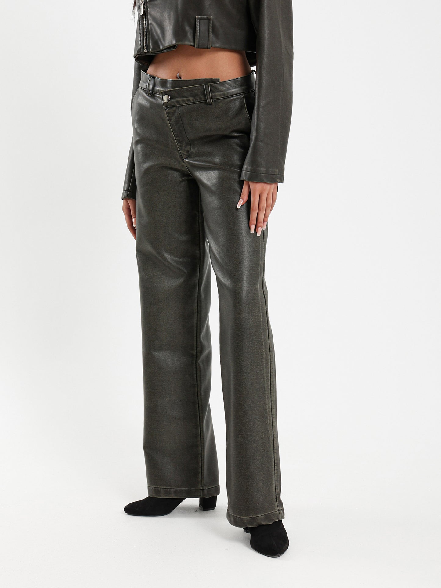 Asymmetrical Waist Washed Leather Pants