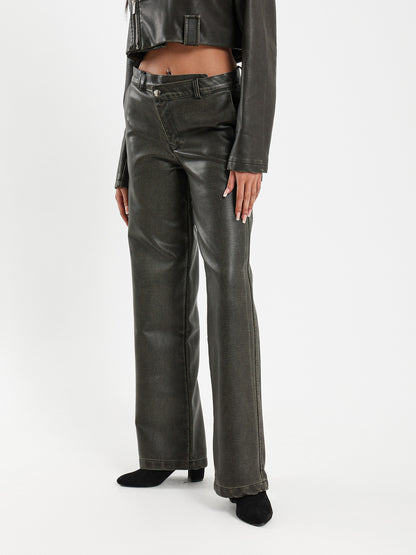 Asymmetrical Waist Washed Leather Pants