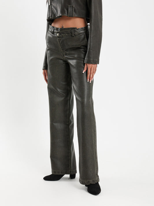 Asymmetrical Waist Washed Leather Pants