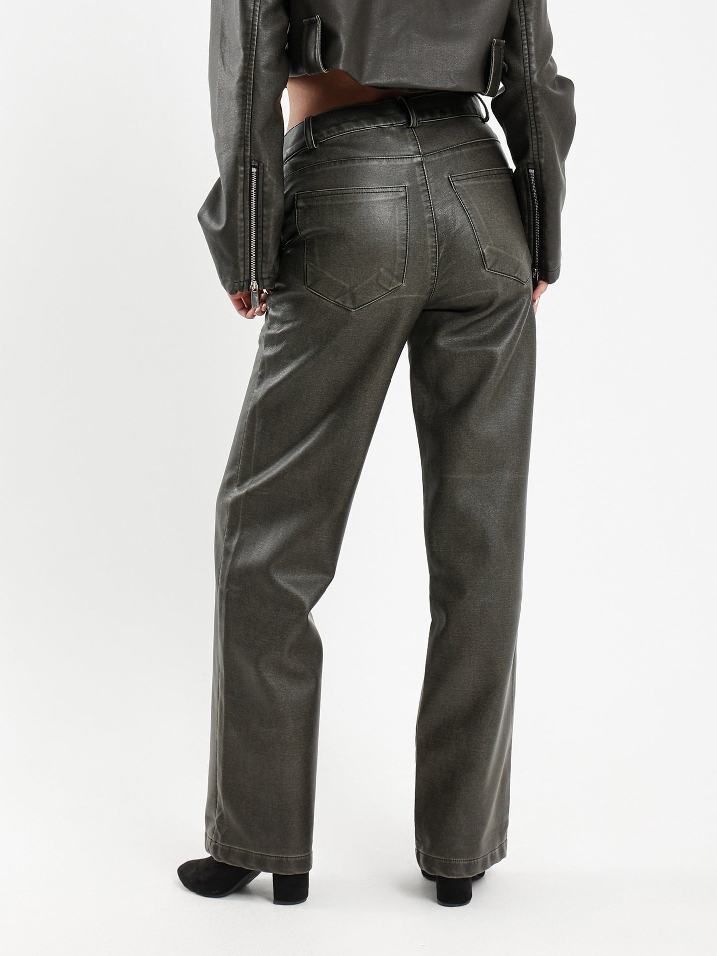 Asymmetrical Waist Washed Leather Pants