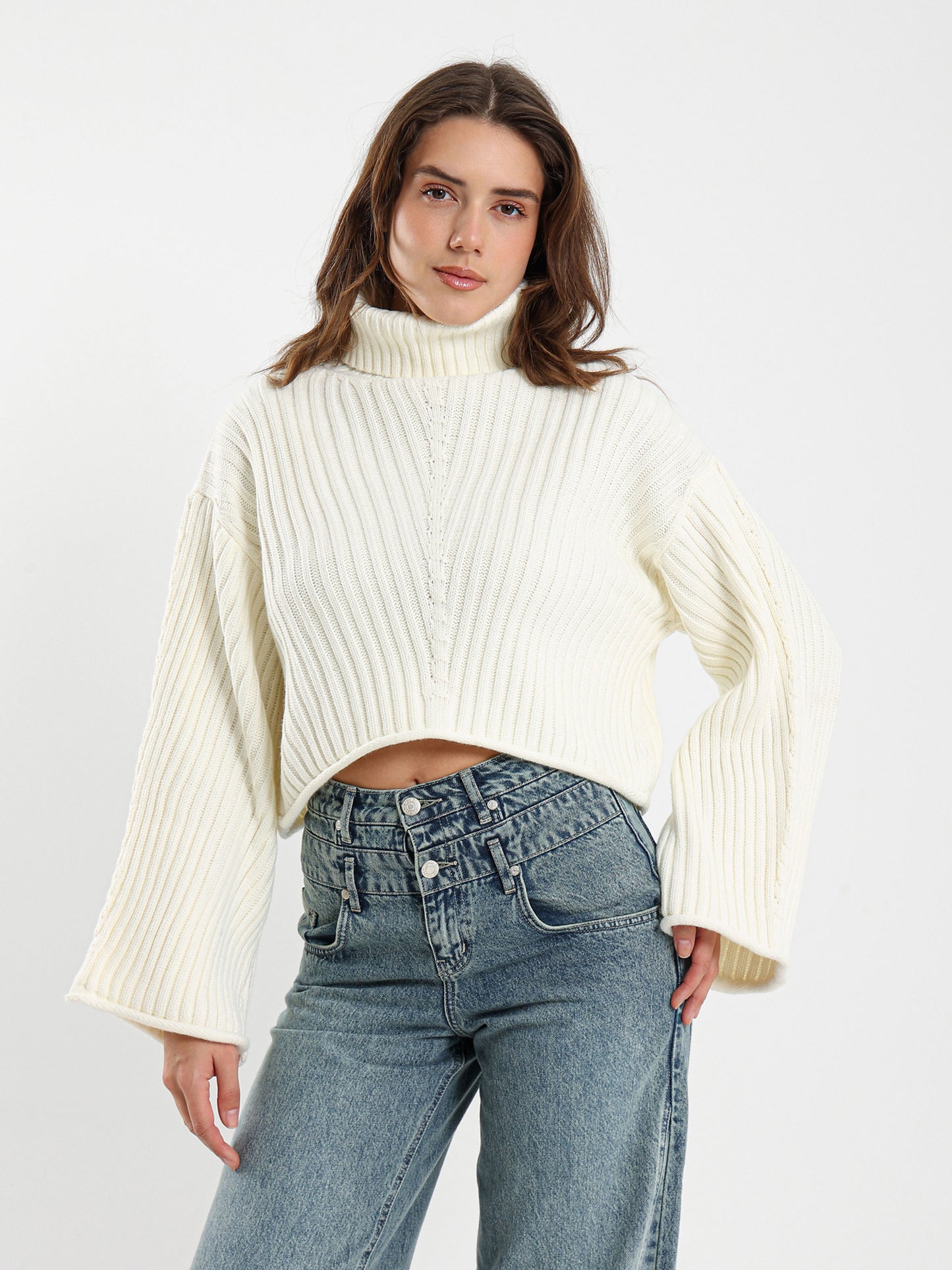 High Neck Cropped Ribbed Pullover
