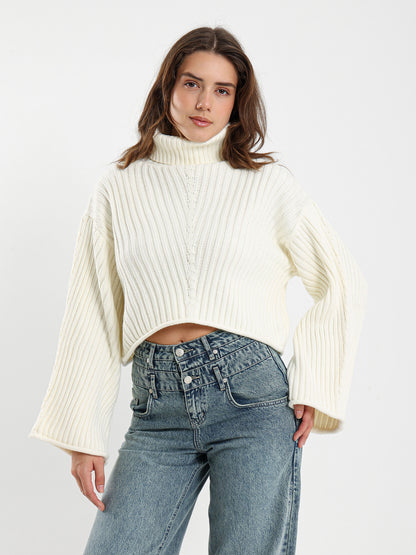High Neck Cropped Ribbed Pullover