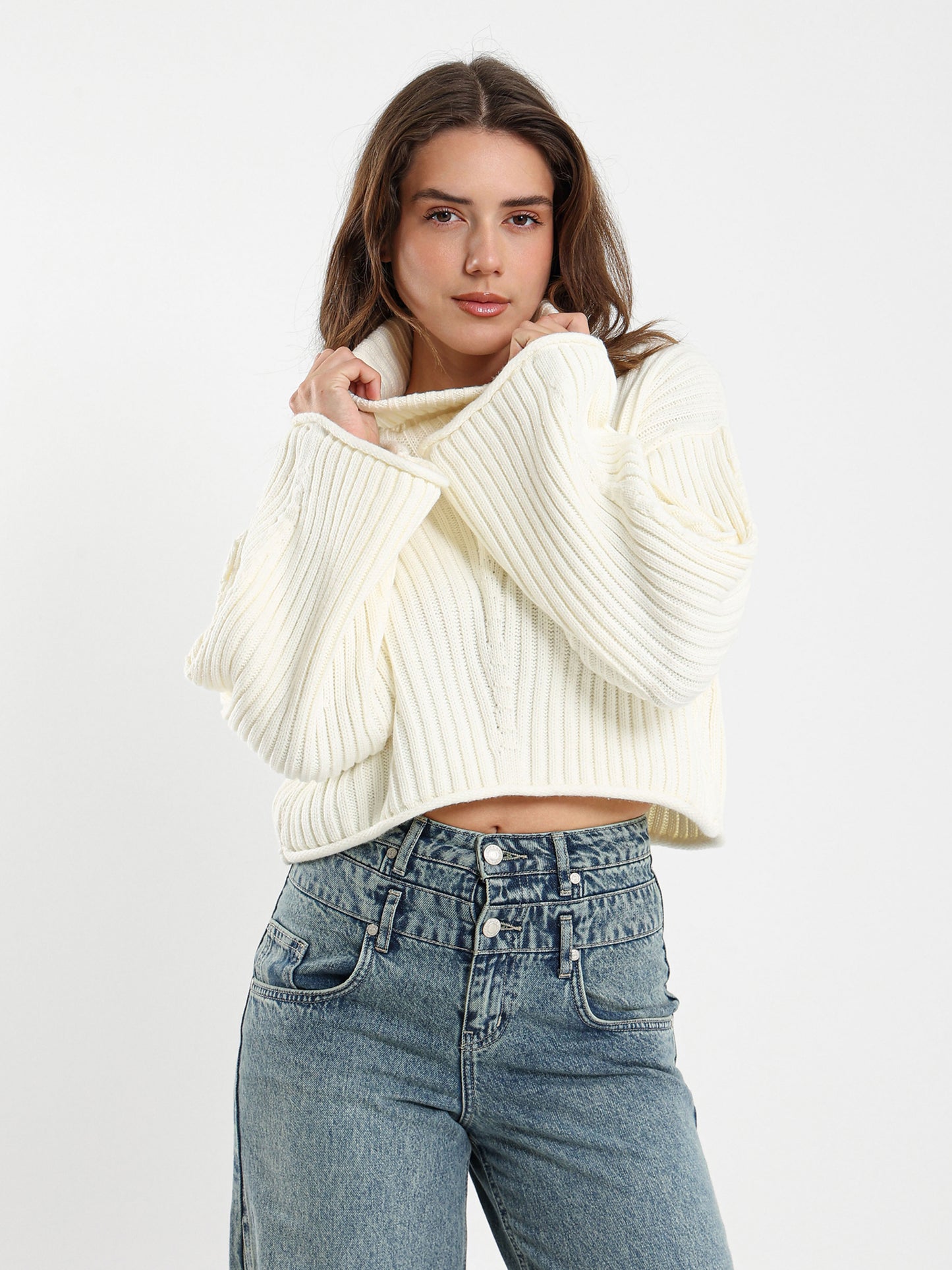 High Neck Cropped Ribbed Pullover