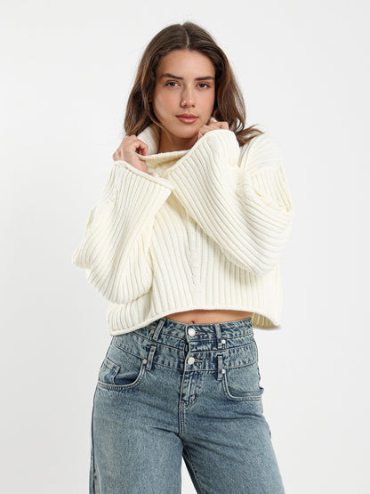 High Neck Cropped Ribbed Pullover