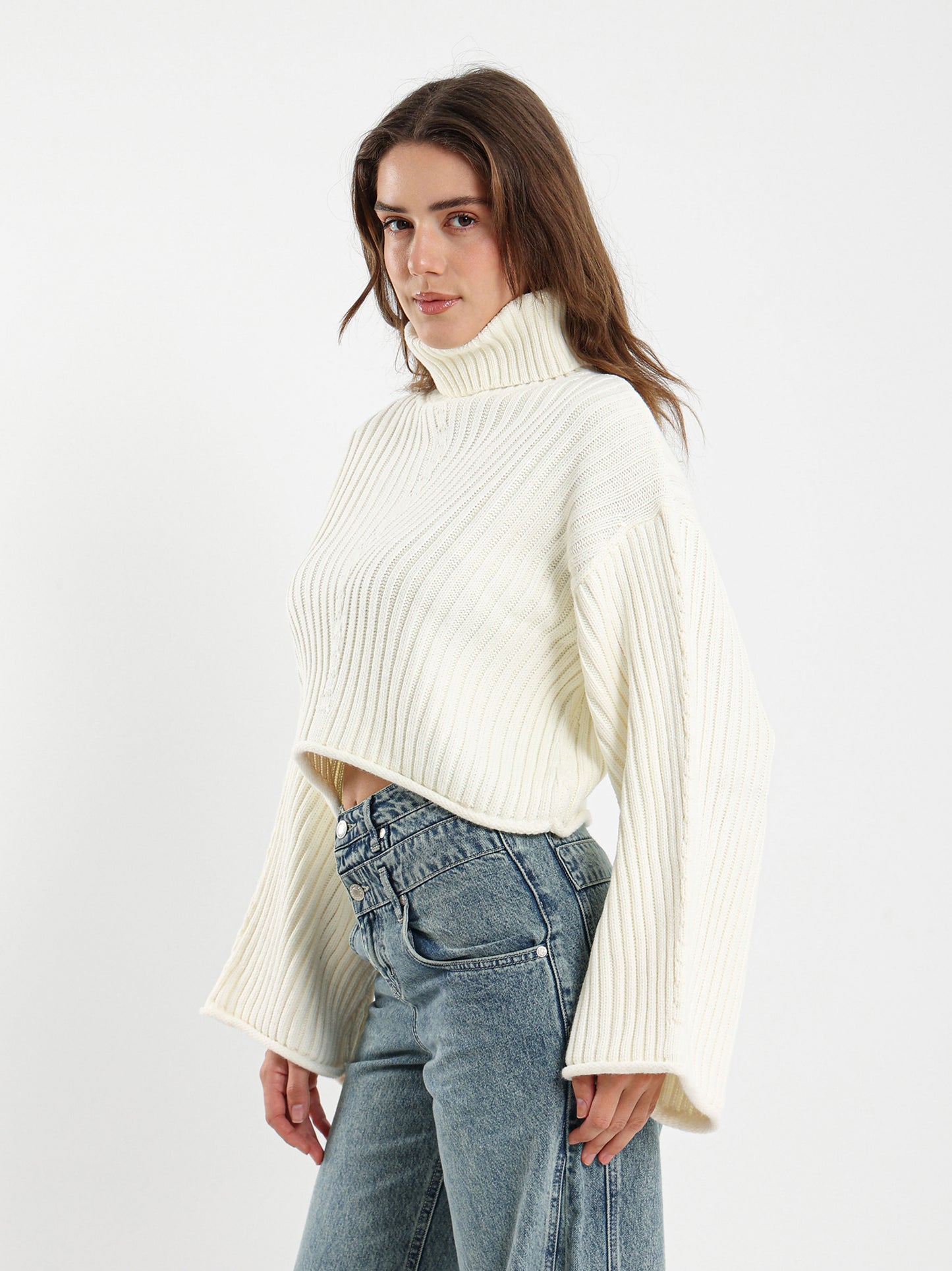 High Neck Cropped Ribbed Pullover