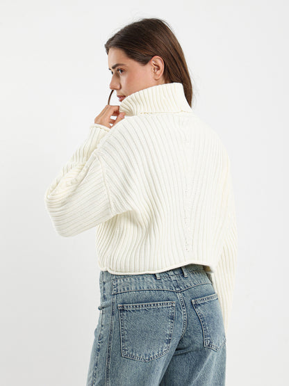 High Neck Cropped Ribbed Pullover