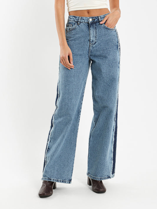 High Waist Straight Leg Jeans with Contrast Side Seam
