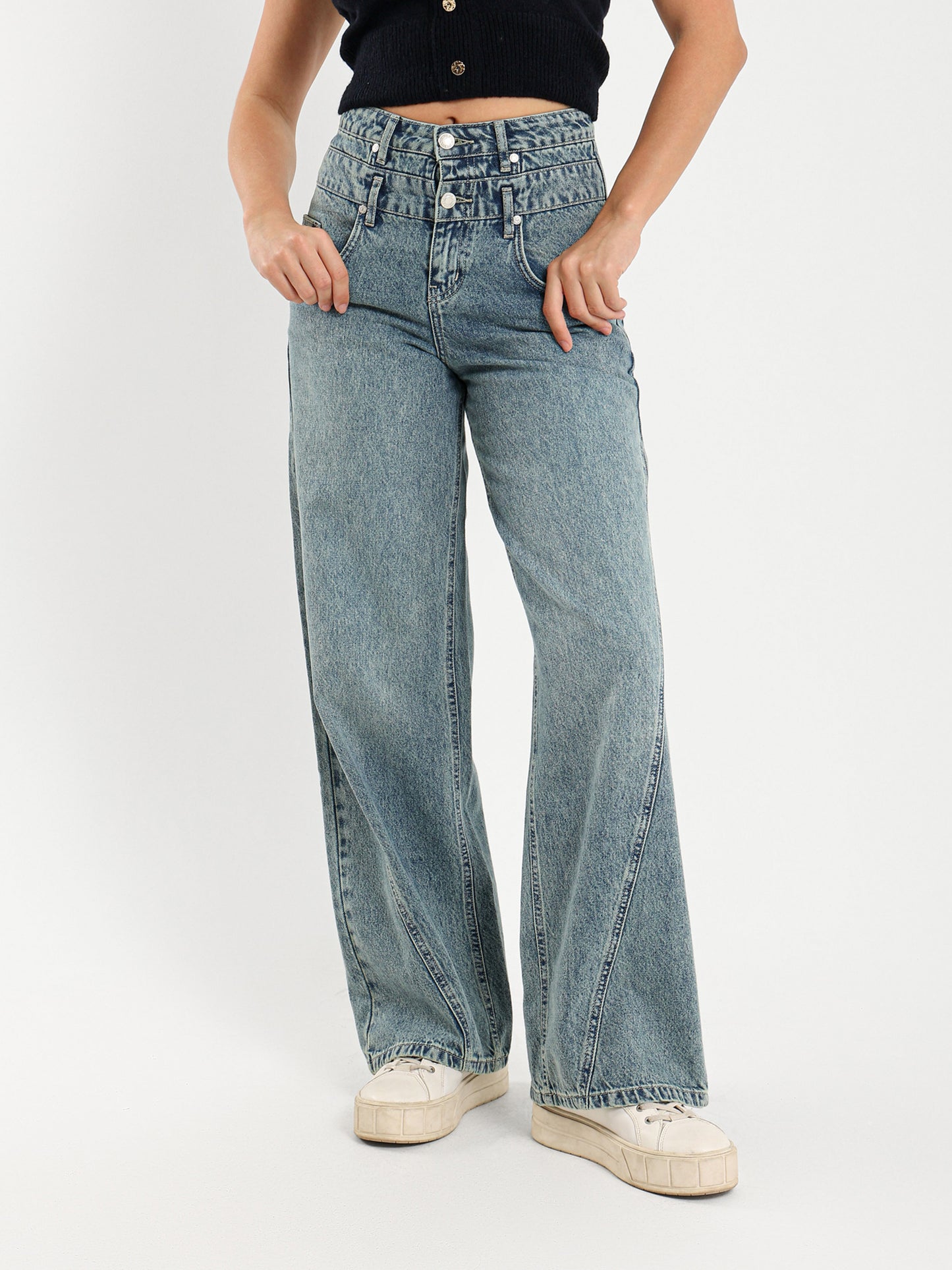 Double Waistband Wide Leg Jeans with