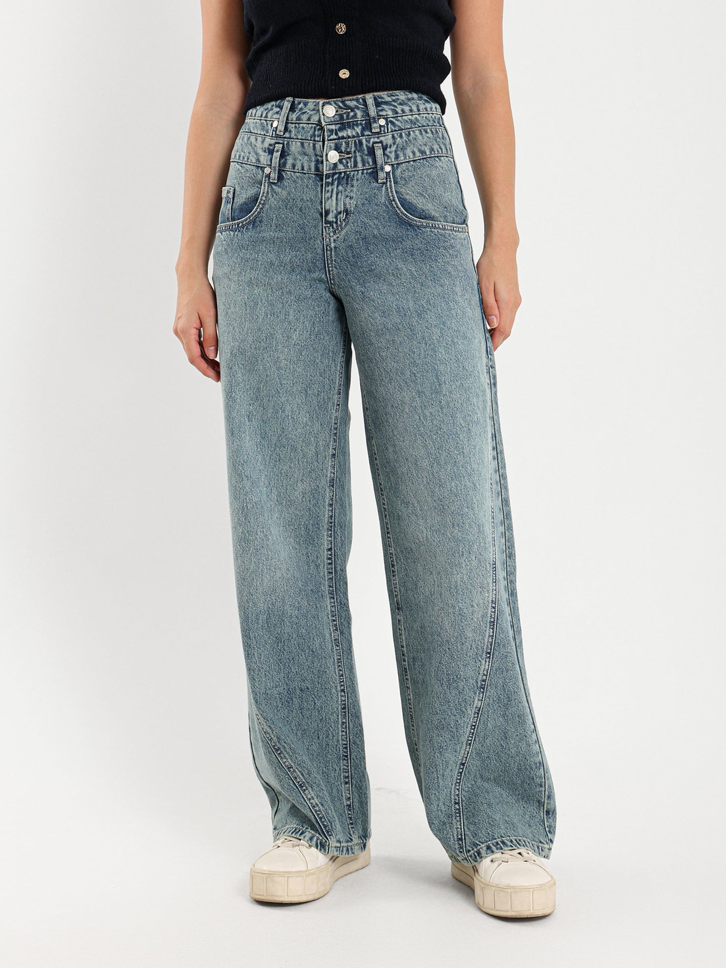 Double Waistband Wide Leg Jeans with