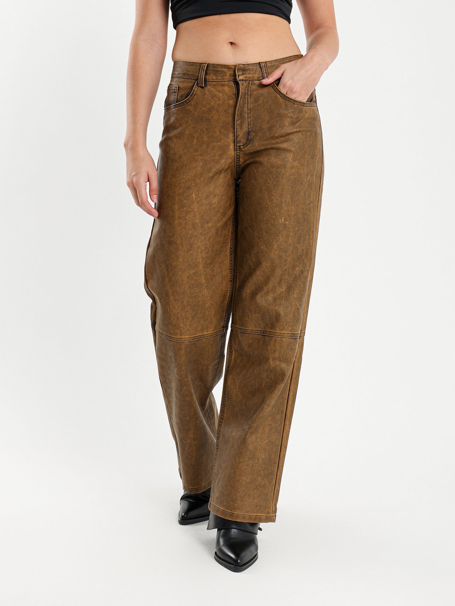 Washed Leather Low Waist Pants