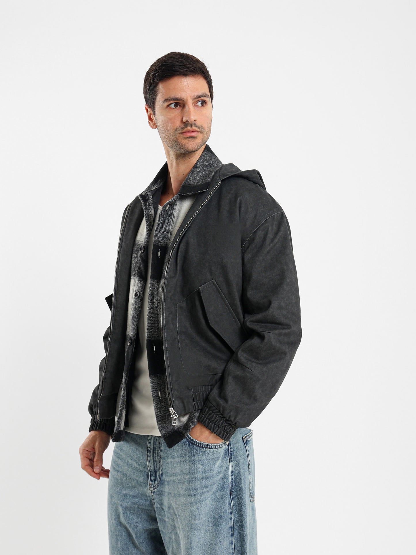 Hooded Bomber Jacket with Patch Pockets