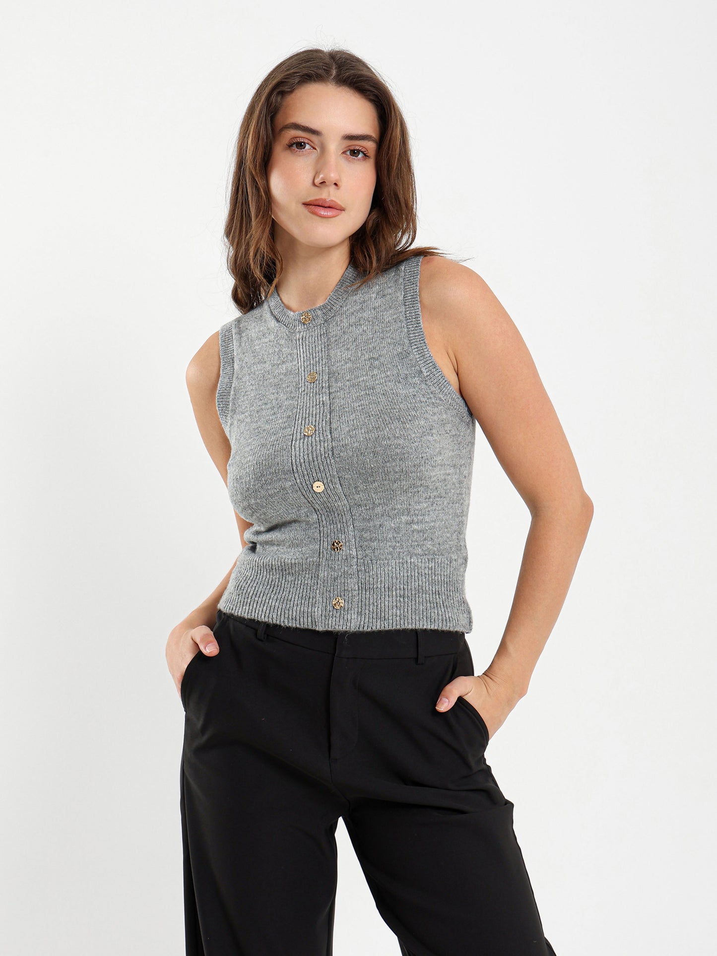 Crew Neck Vest with Front Buttons