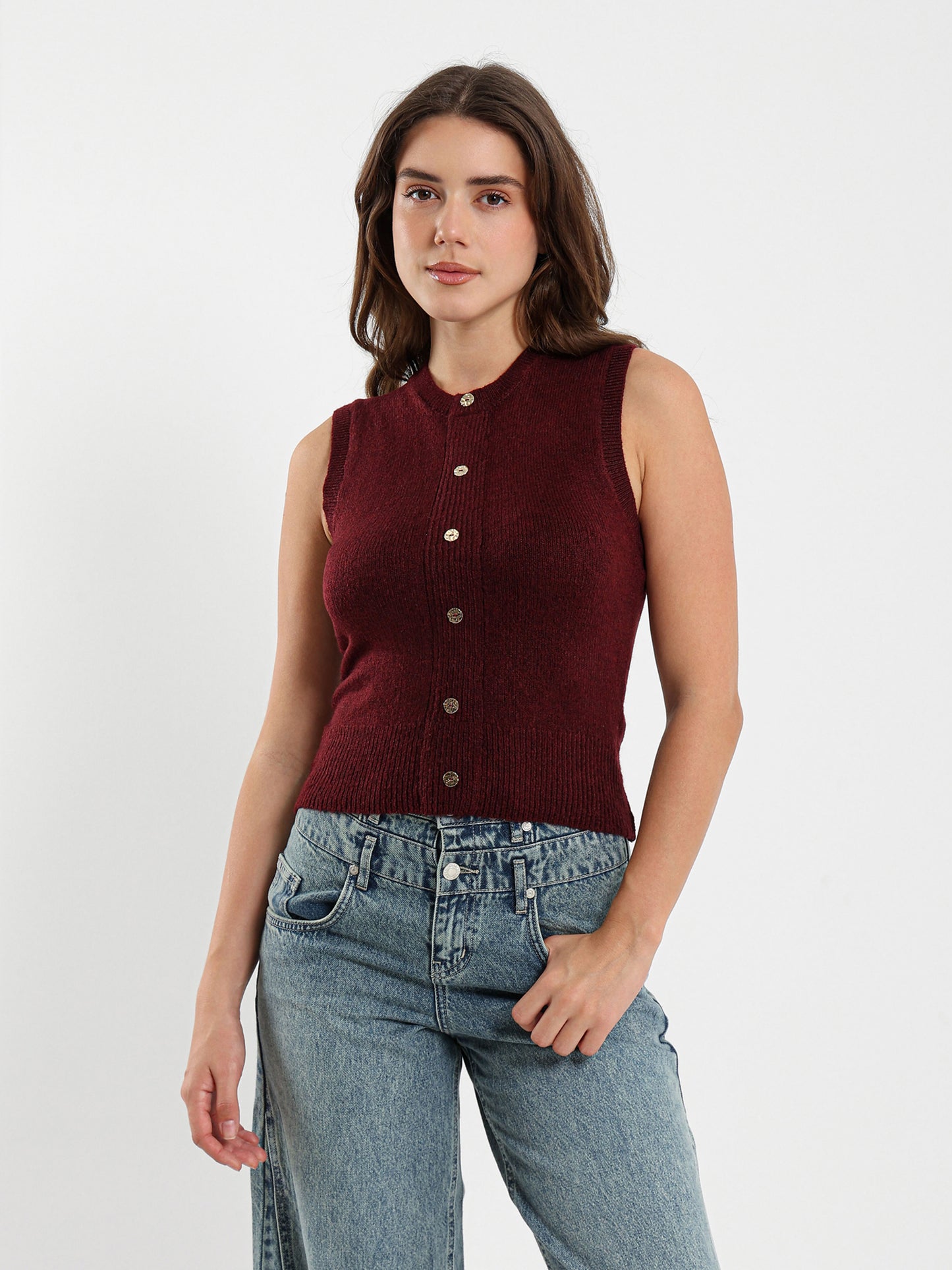 Crew Neck Vest with Front Buttons