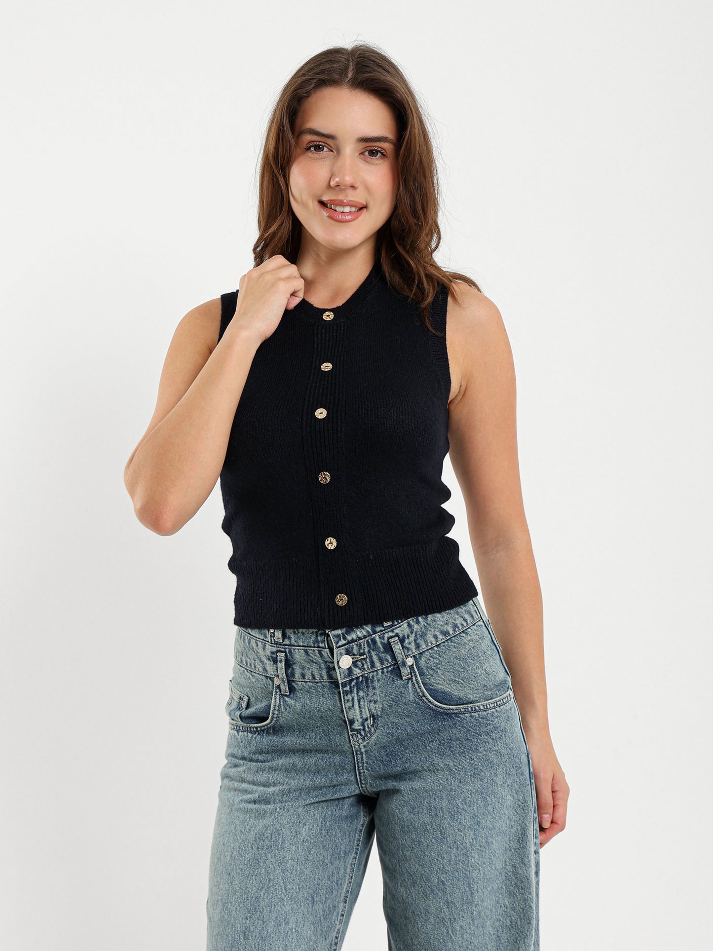 Crew Neck Vest with Front Buttons