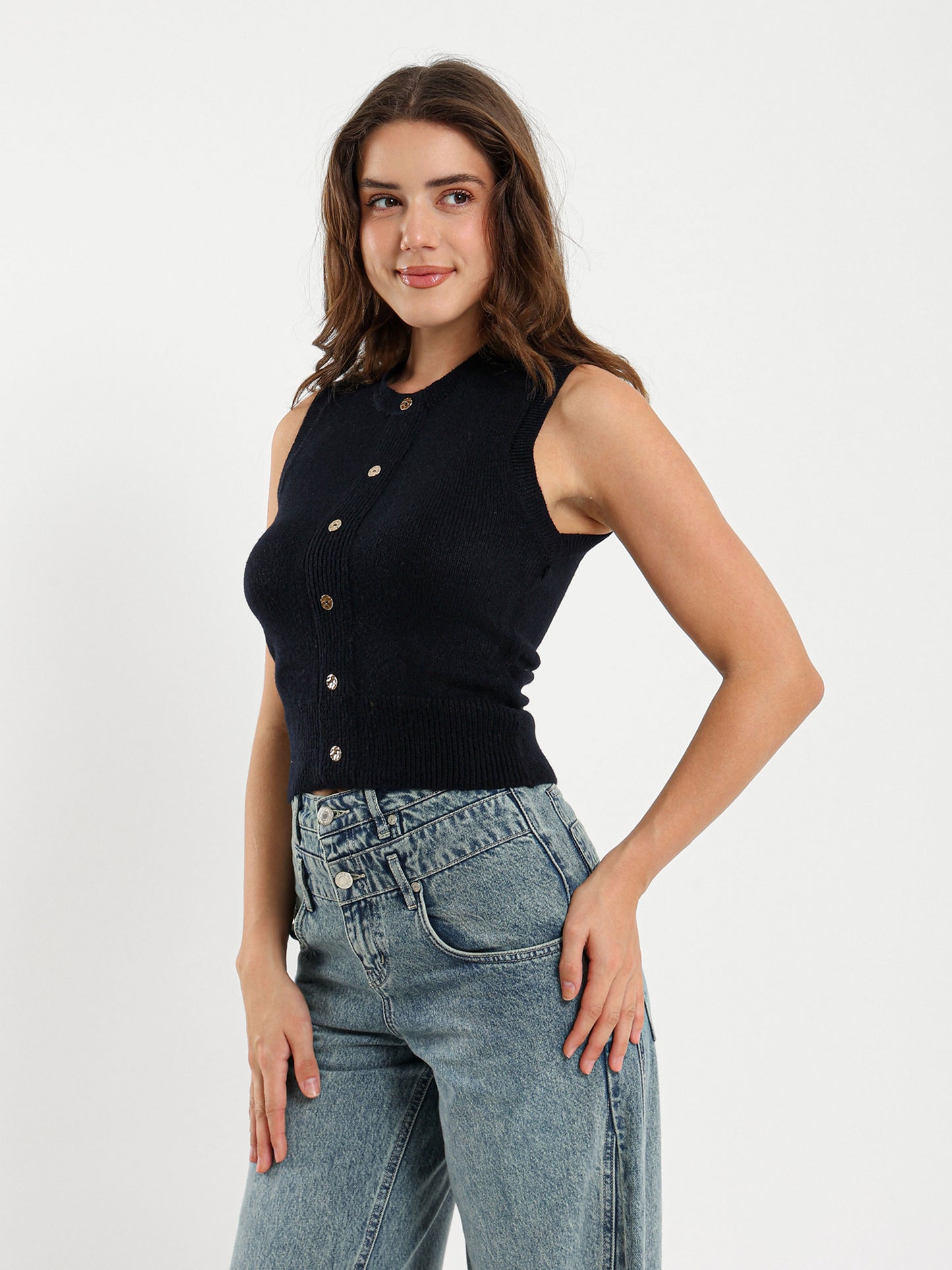 Crew Neck Vest with Front Buttons