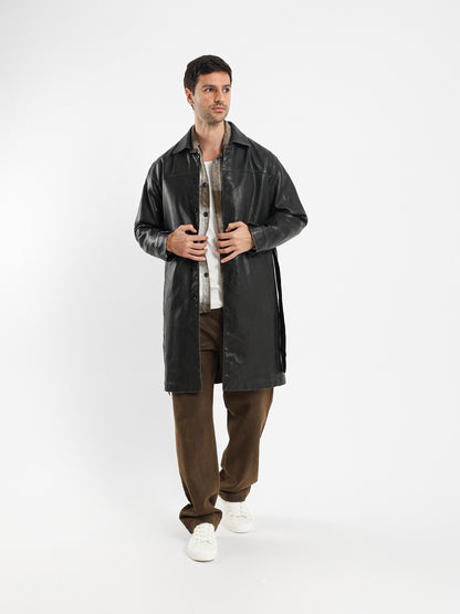 Solid Leather Casual Coat