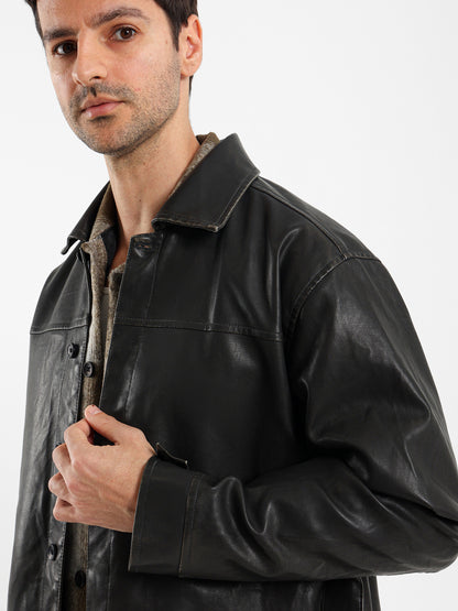 Solid Leather Casual Coat