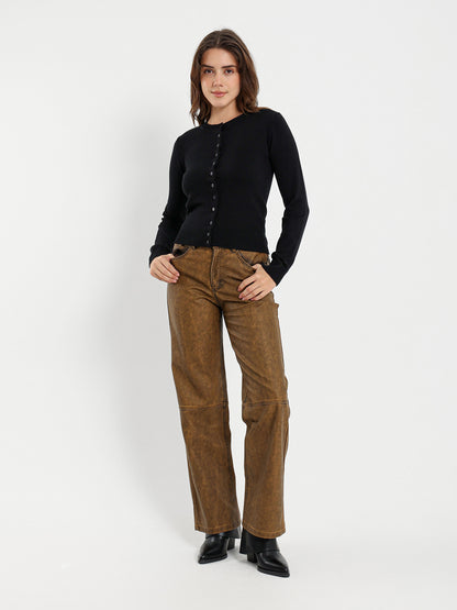 Washed Leather Low Waist Pants