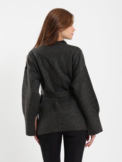 Fine Knit Cardigan with Tie Belt