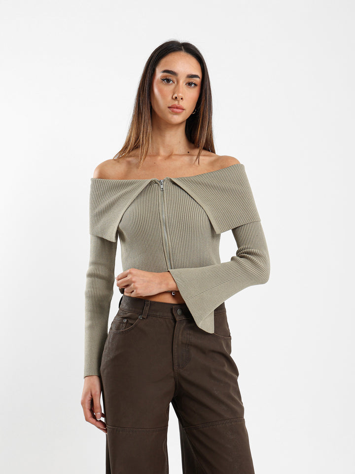 Big Collar with Front Zipper Cardigan