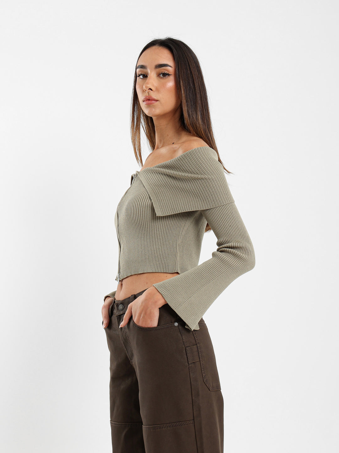 Big Collar with Front Zipper Cardigan