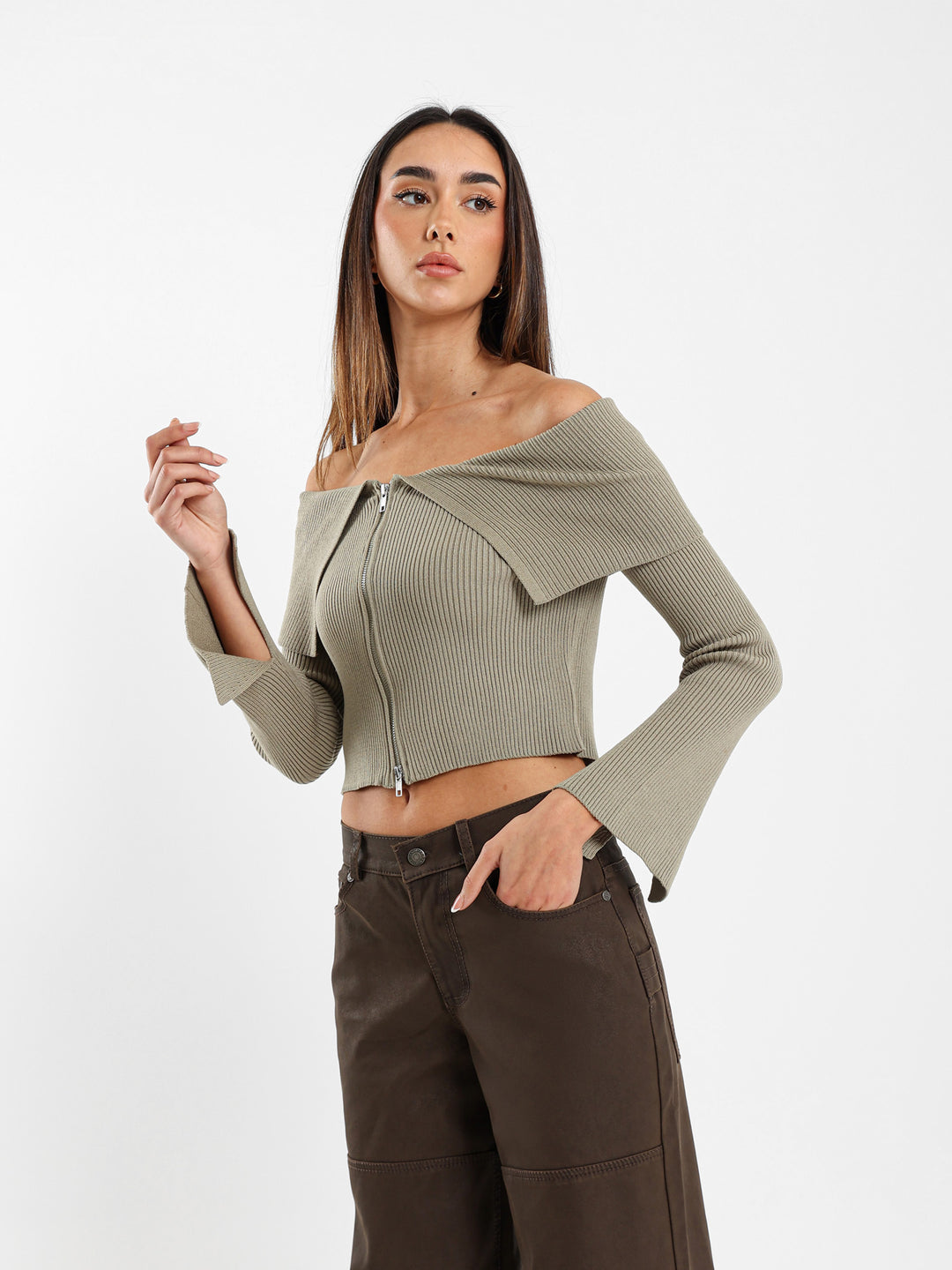 Big Collar with Front Zipper Cardigan