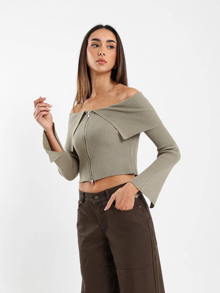 Big Collar with Front Zipper Cardigan