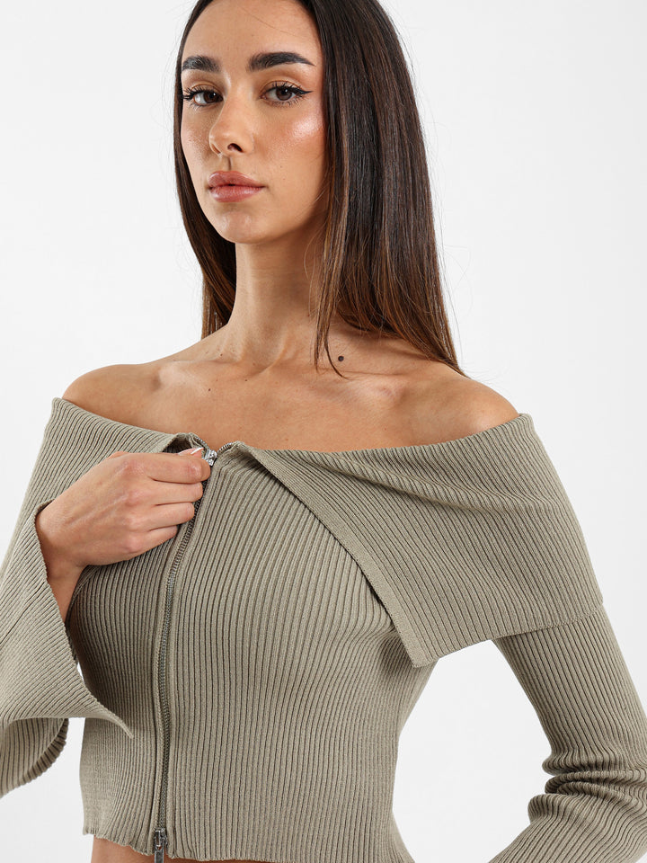 Big Collar with Front Zipper Cardigan