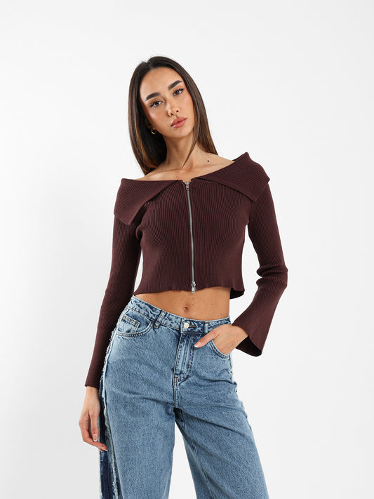 Big Collar with Front Zipper Cardigan