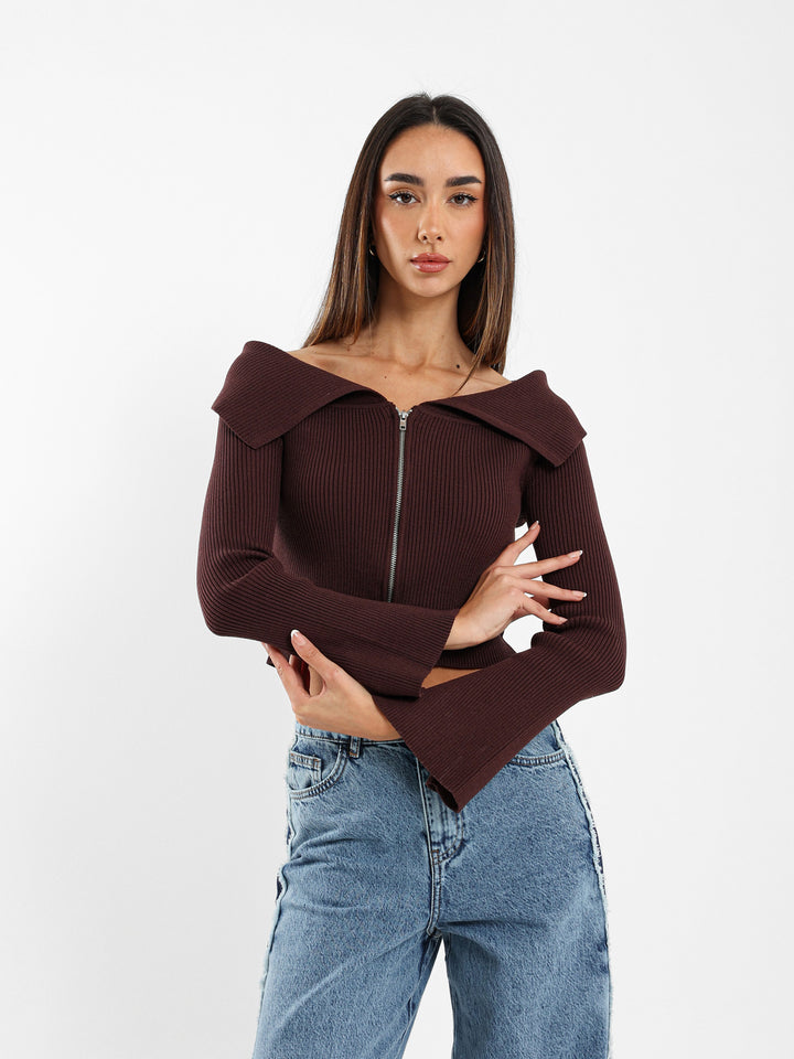 Big Collar with Front Zipper Cardigan