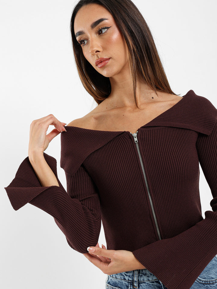Big Collar with Front Zipper Cardigan