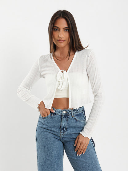 Pointelle Cardigan With Front Tie
