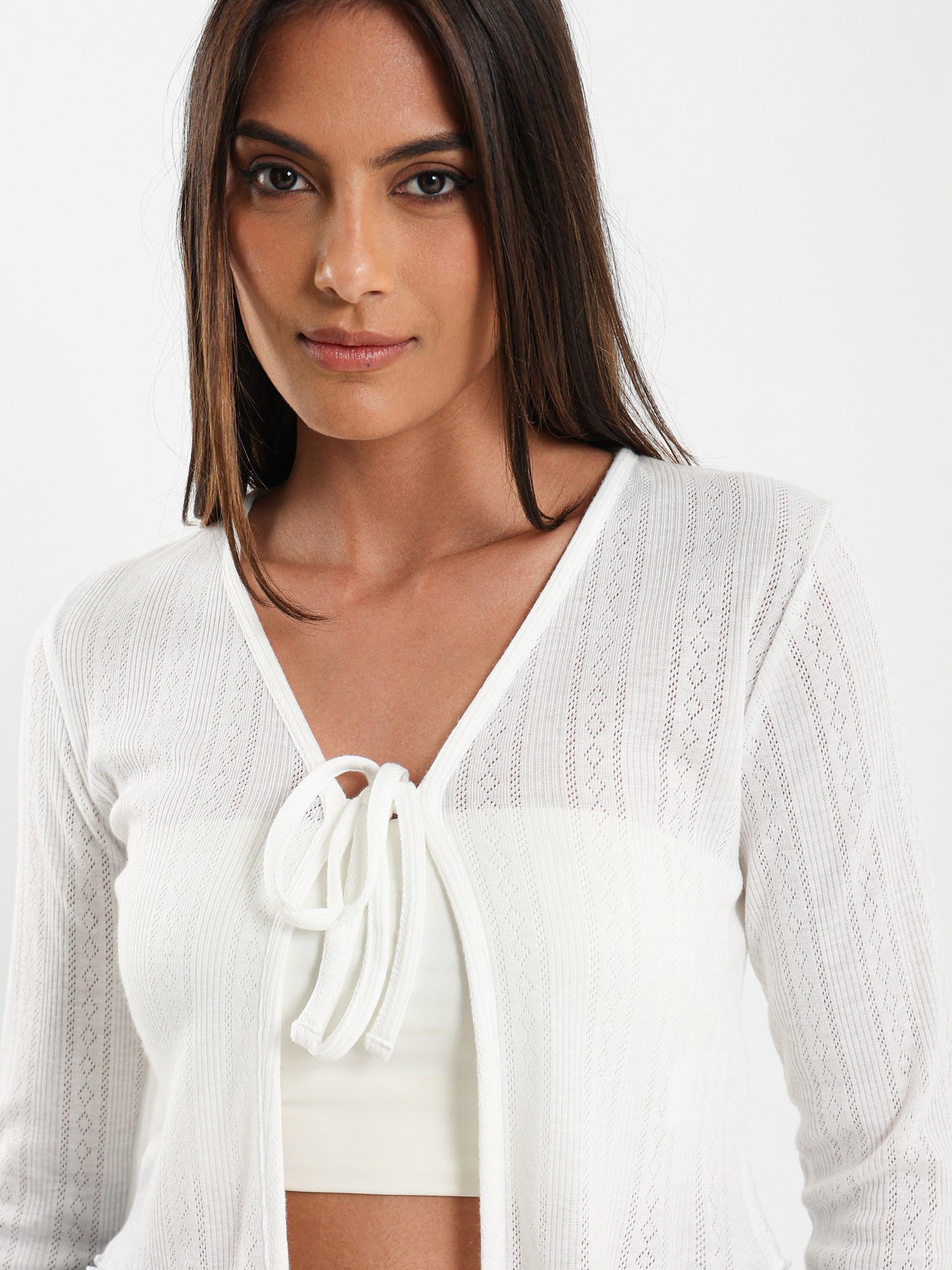 Pointelle Cardigan With Front Tie