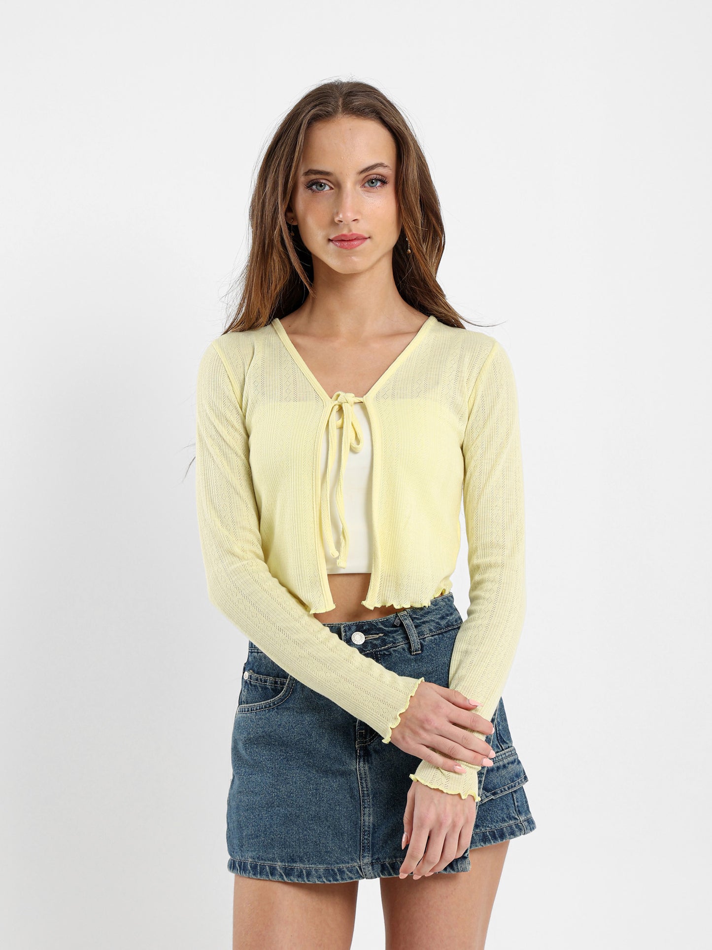 Pointelle Cardigan With Front Tie