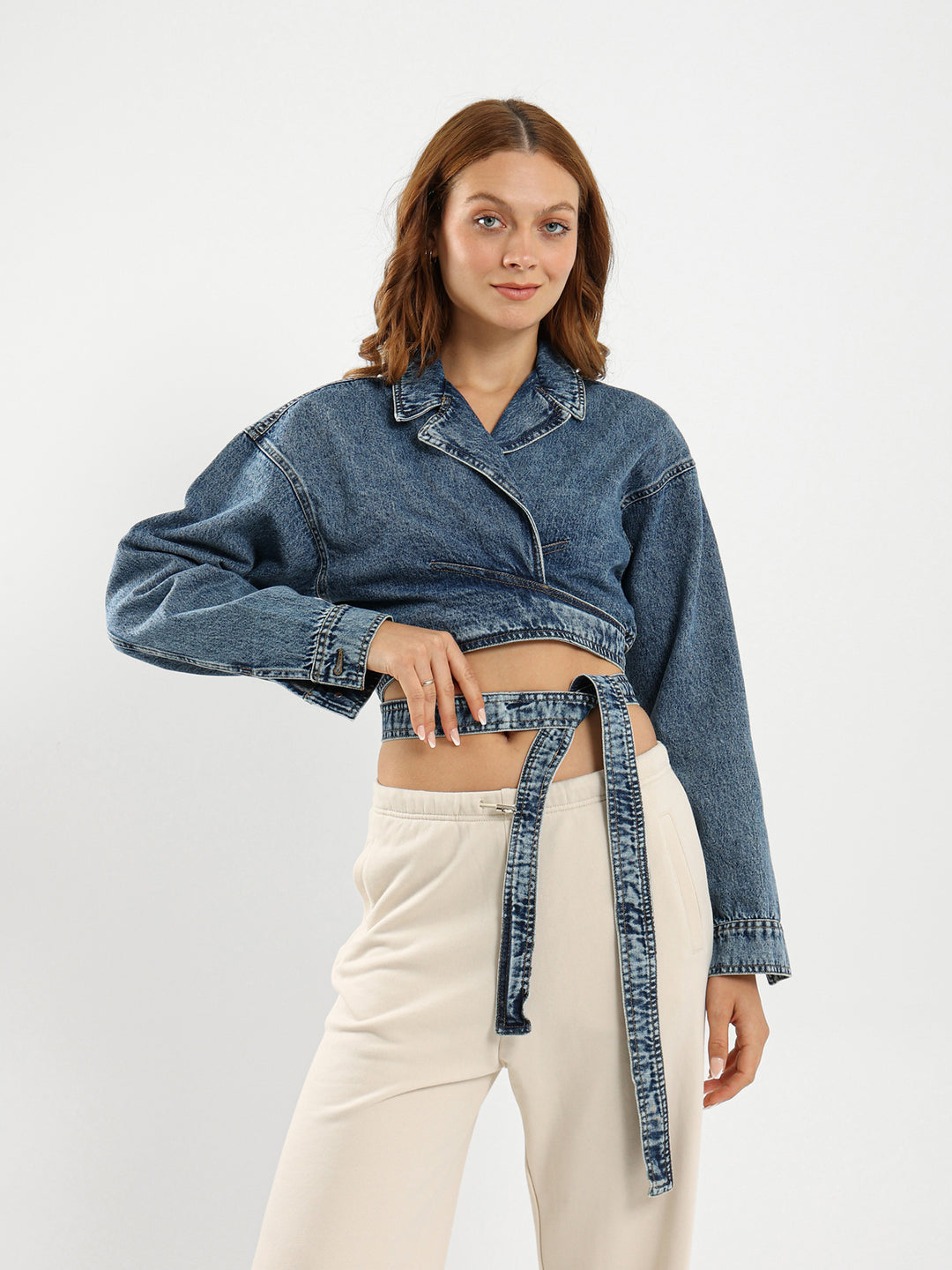 Cropped Wrap-Around Denim Jacket