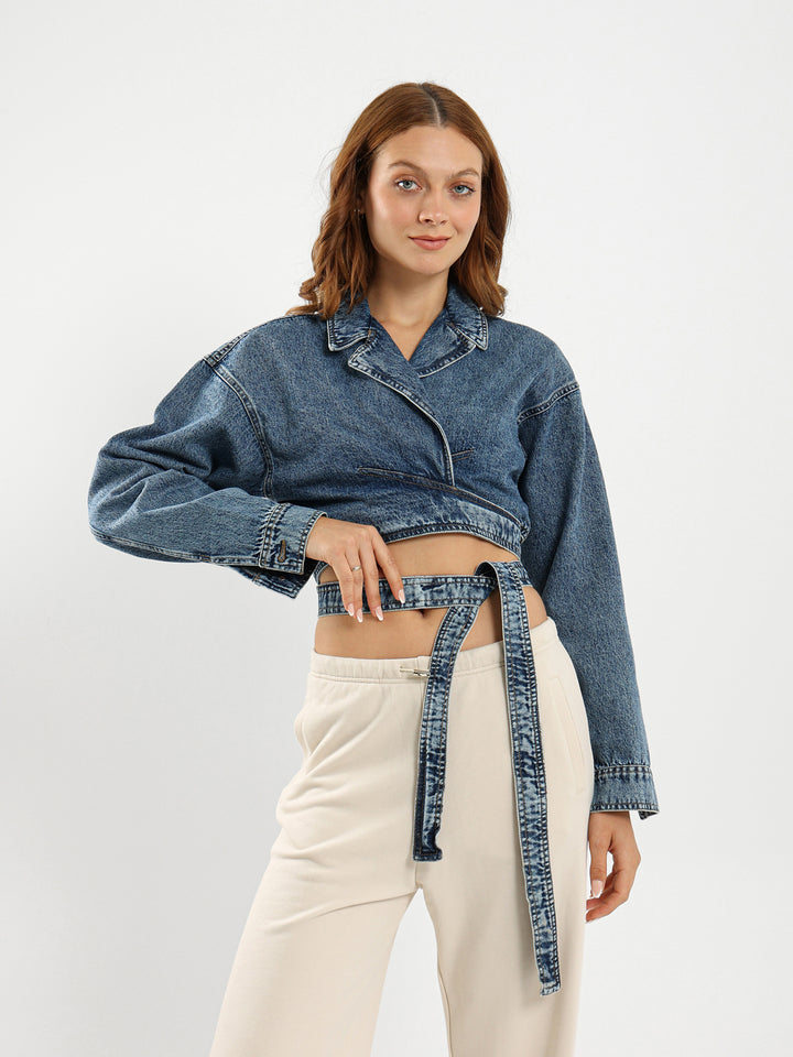 Cropped Wrap-Around Denim Jacket