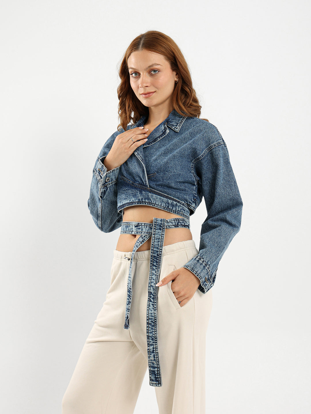 Cropped Wrap-Around Denim Jacket