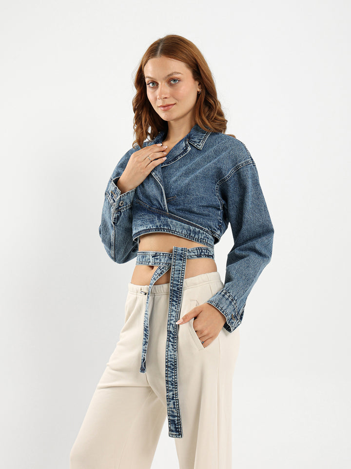 Cropped Wrap-Around Denim Jacket