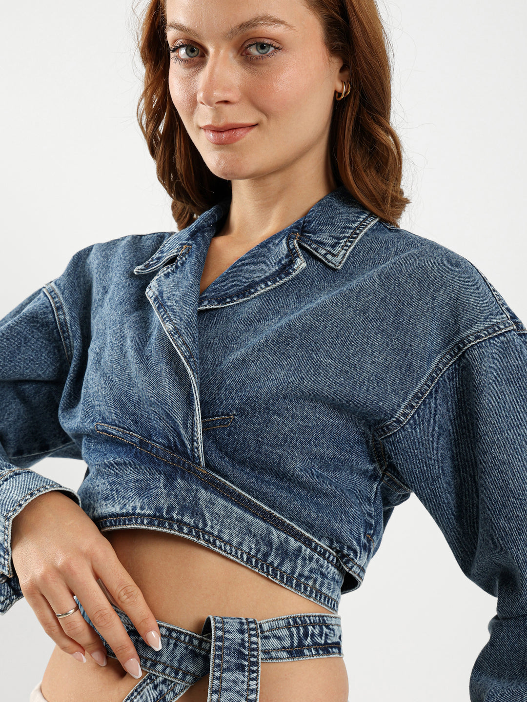 Cropped Wrap-Around Denim Jacket